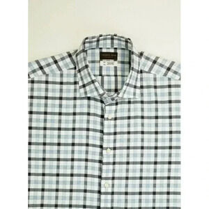 Thomas Dean 2XL men's White Blue Charcoal Gray Check Spread Collor Cotton Shirt